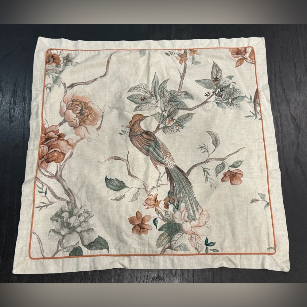Soft Surroundings Linwood Cotton Linen Blend Euro Sham Bird Floral Motif 26" sq.